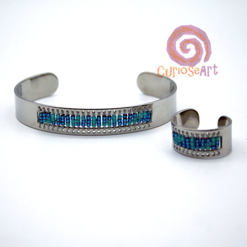 Bisutería-Curioseart-Pulsera-y-anillo-de-acero-plateado-y-cuentas-miyuki